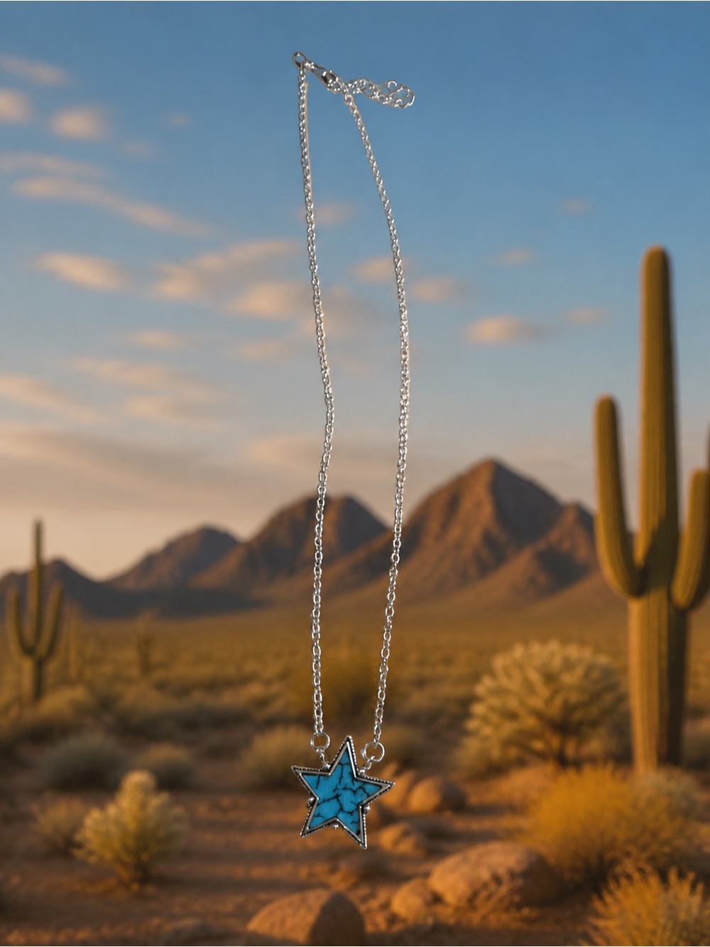 Stainless Necklace with Turquoise Star Pendant - Women's Jewelry
